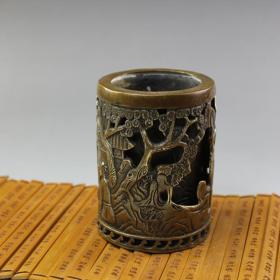 笔筒黄铜摆件仿古人物纯铜镂空铜雕实用七夕工艺礼品
